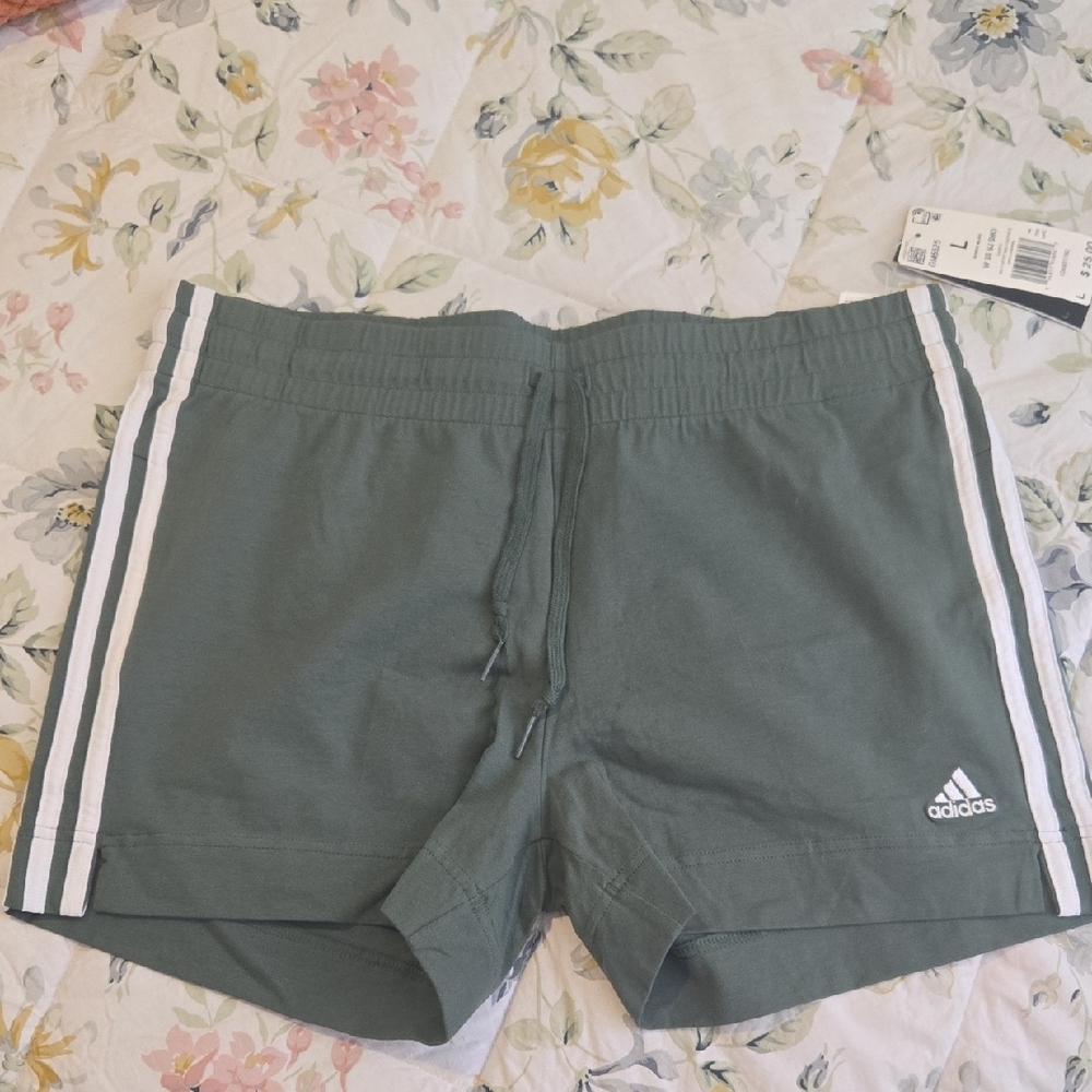 Adidas Womens Olive Shorts with White Stripes
